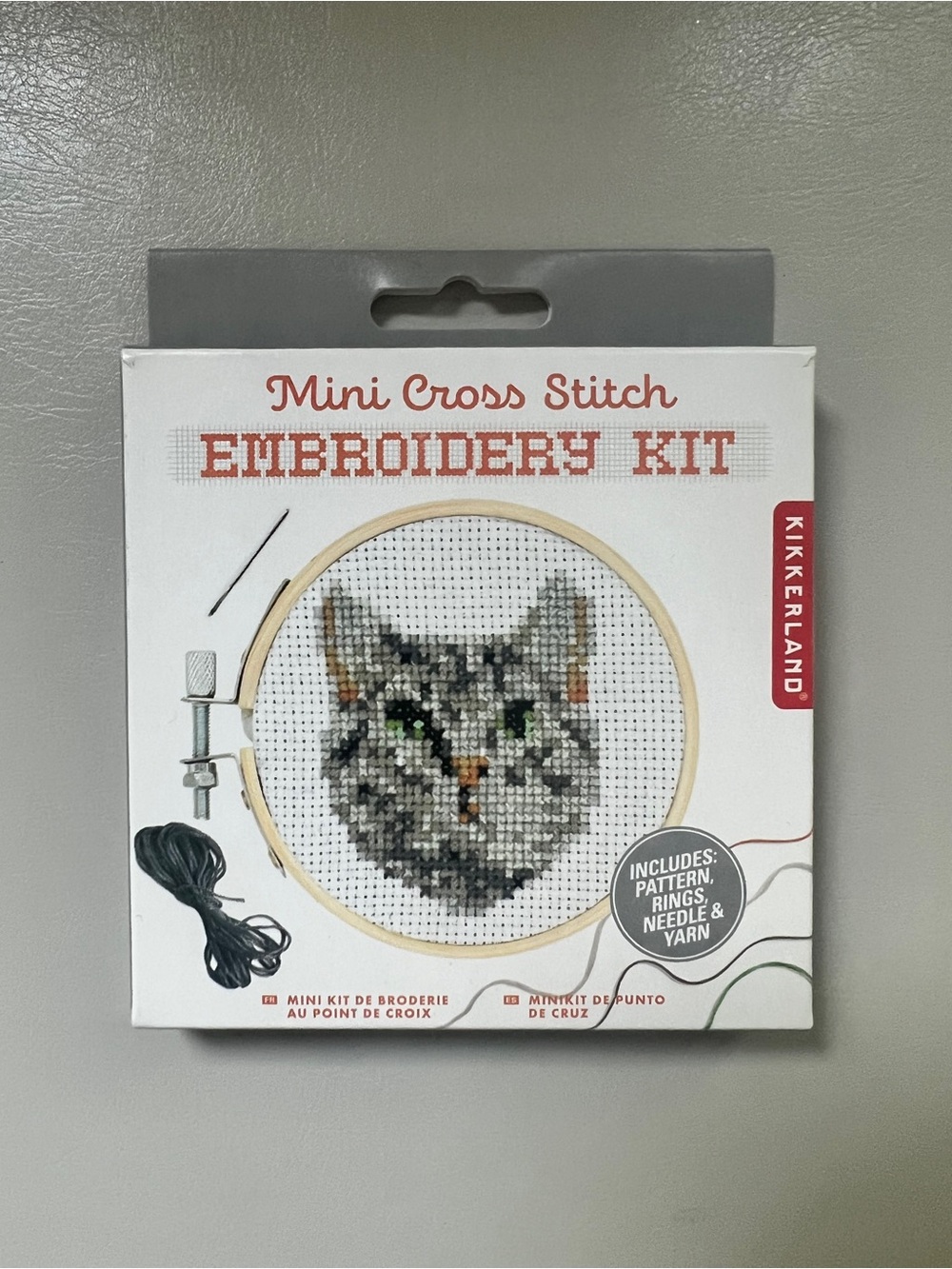 Kikkerland Mini Cross Stitch Kit - Gray Cat Embroidery Kit